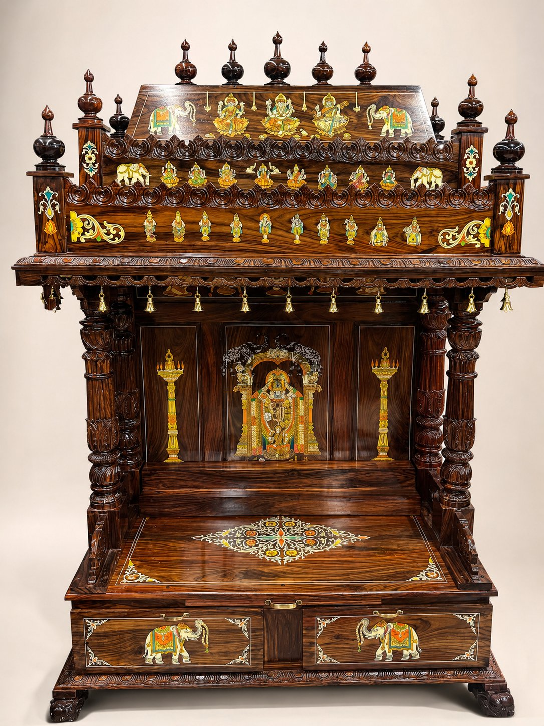 Hand-Carved Rosewood Mandir – Intricate Inlay
