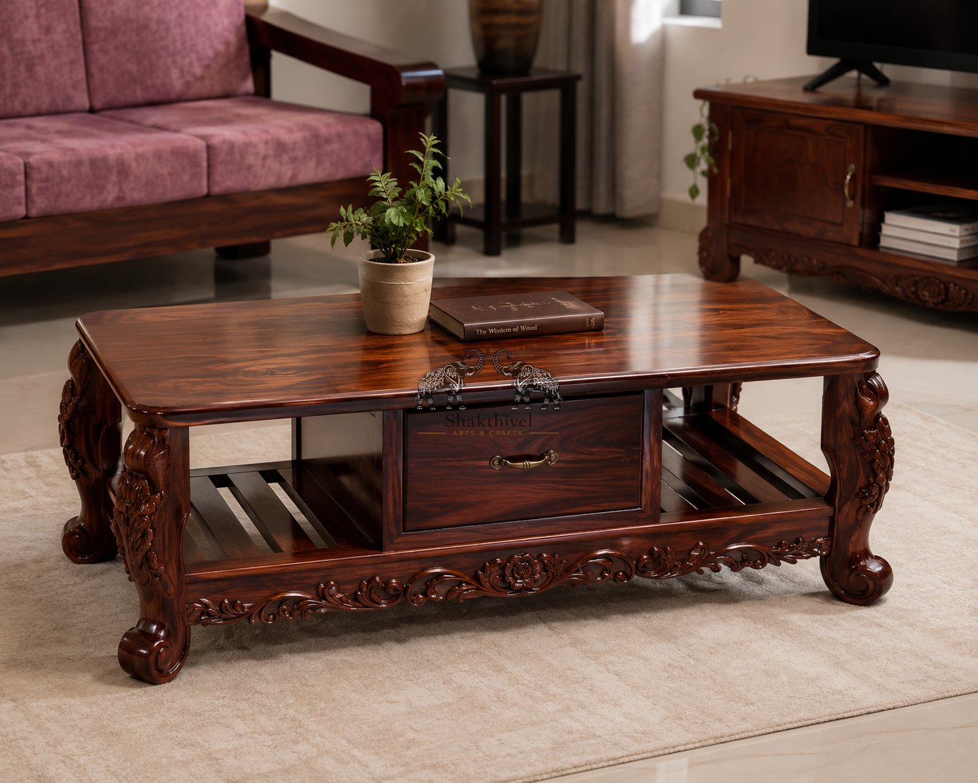 Solid Rosewood Center Table with Open Shelf Design