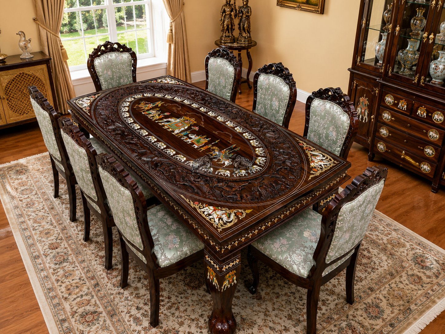 Hand-Carved Rosewood Dining Set with dasara Inlay Artwork