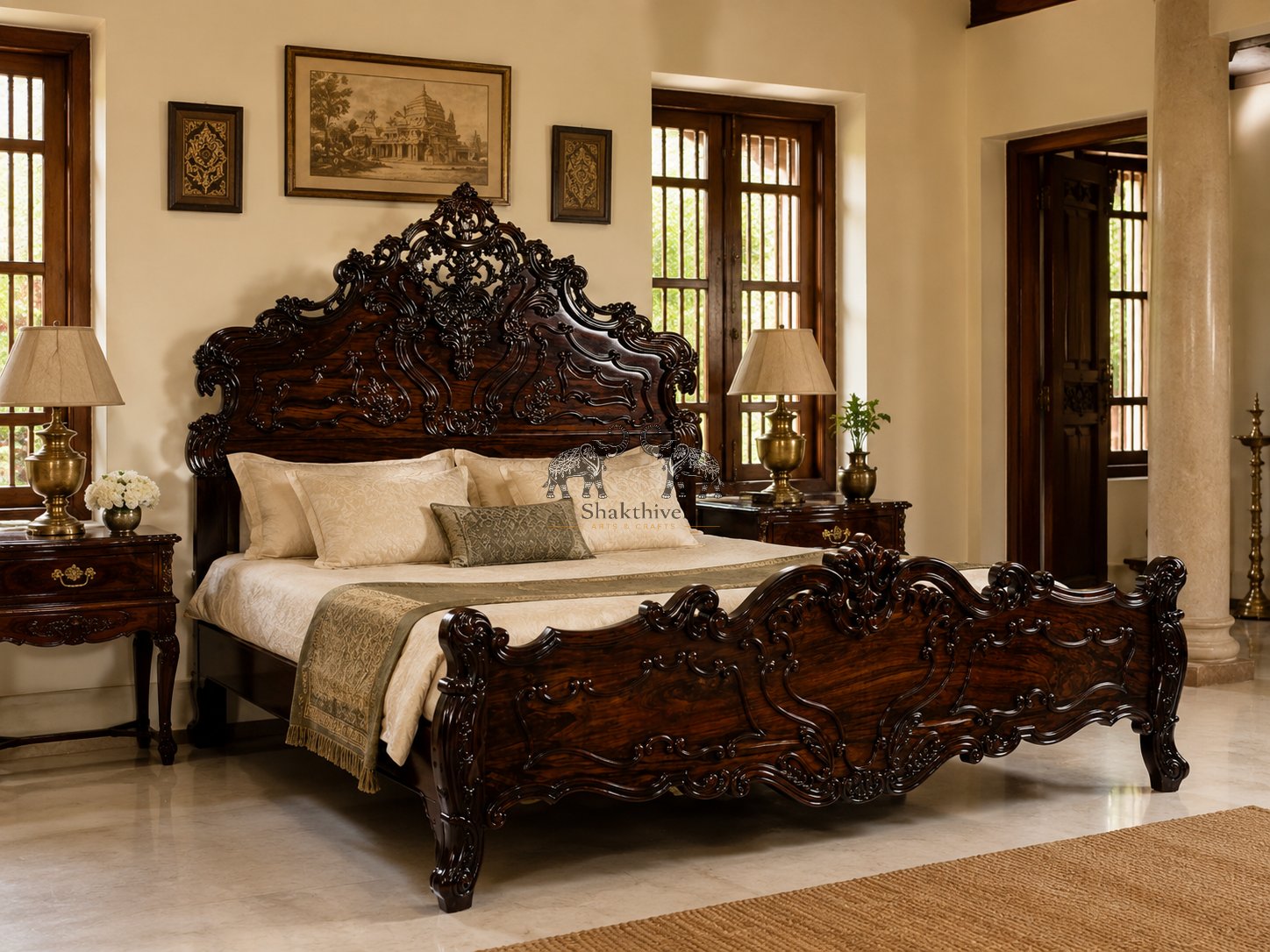 Royal Rosewood Bed Cot with Grand Hand-Carved Headboard