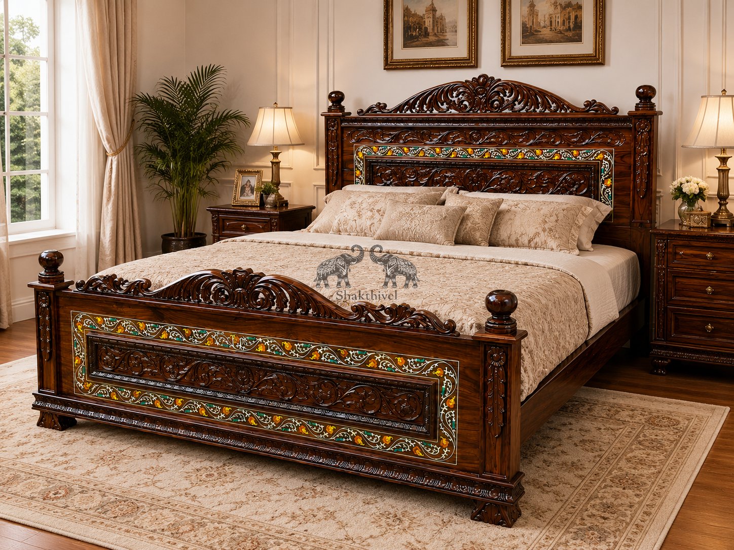 Elegant Rosewood Bedroom Set with Decorative Inlay Border
