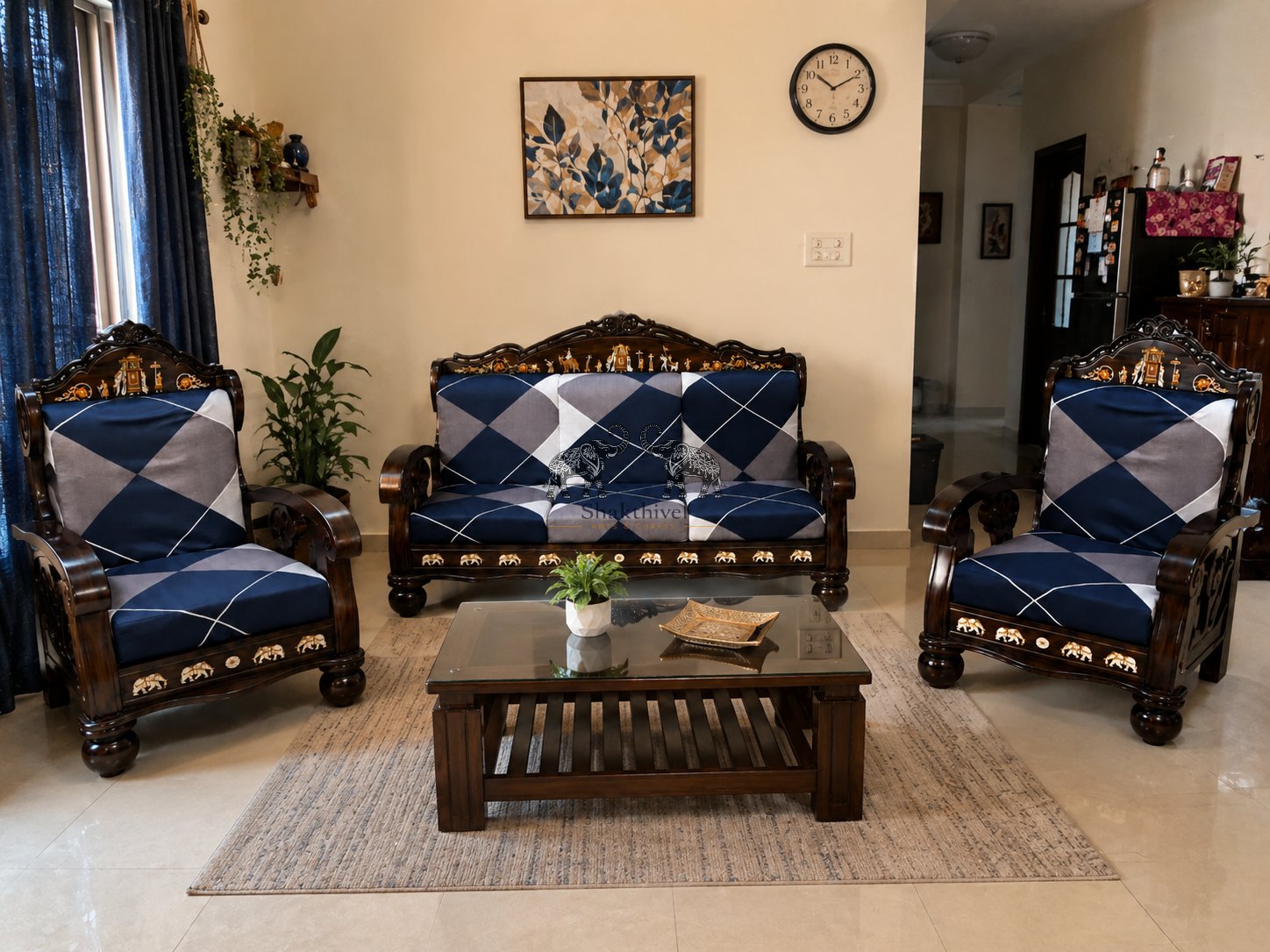 Mysore Style Rosewood Sofa Set with Decorative Crest