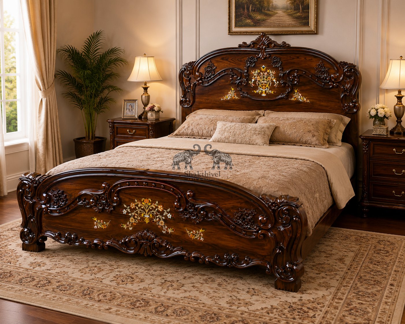 Majestic Rosewood Bed Set with Artistic Carving