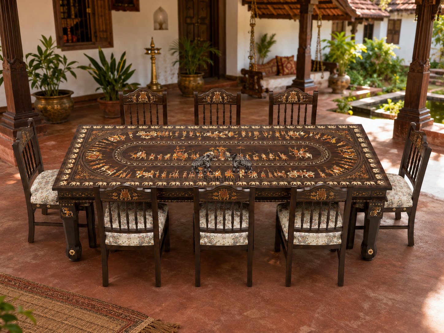 Artisan Inlay Rosewood Dining Table with Royal Motifs