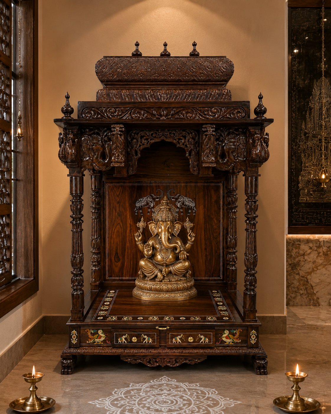 Hoysala Gaja Rosewood Pooja Mandap