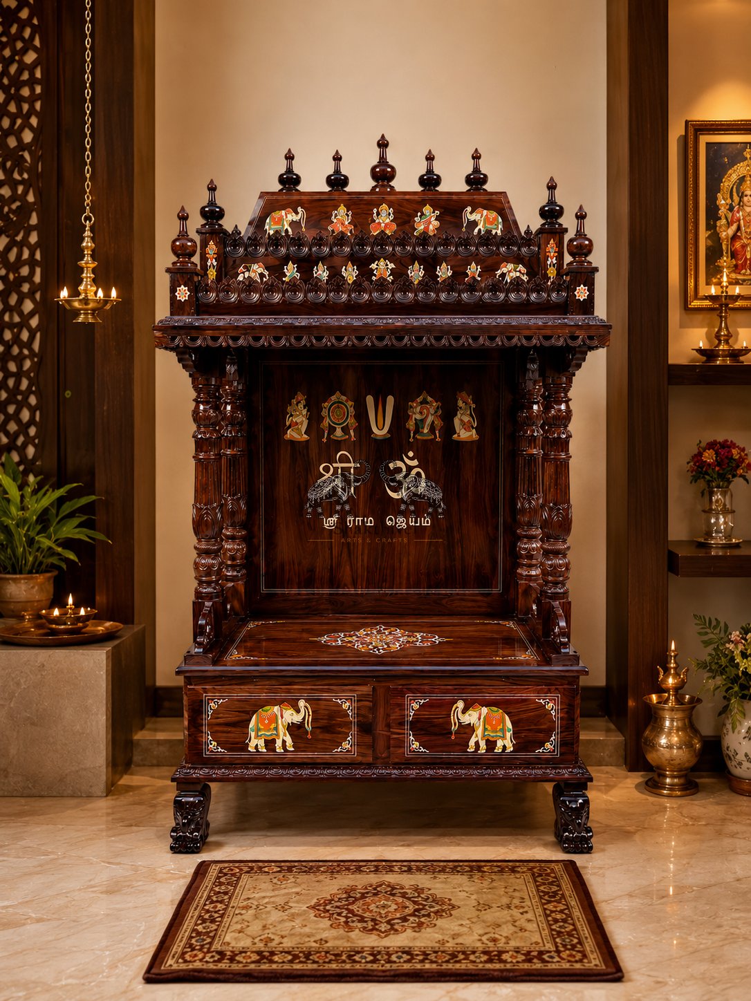 Handcrafted Wooden Pooja Mantap with Traditional Artwork