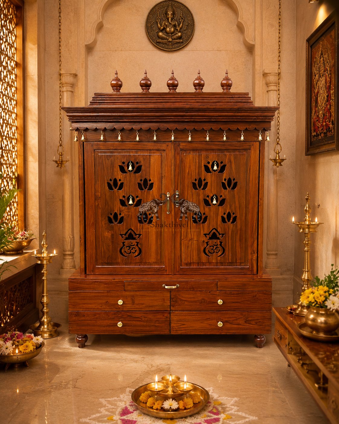 Plain Bell Mandir 4 Feet with Lotus Cutout Doors